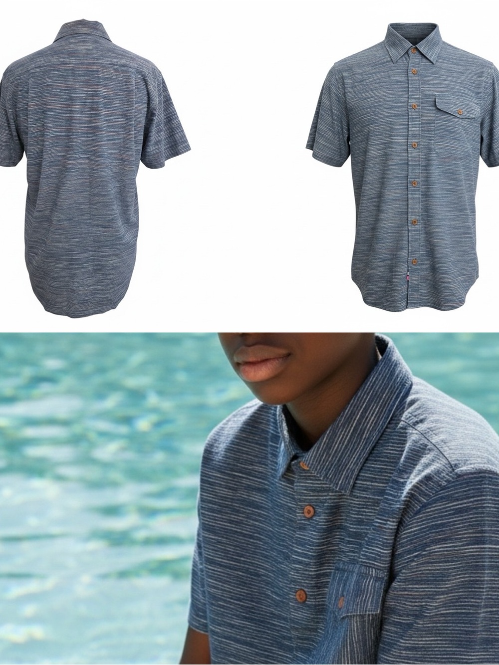 Scotch & Soda Men's Blue Heathered Cotton Linen Short Sleeve Button Shirt Large